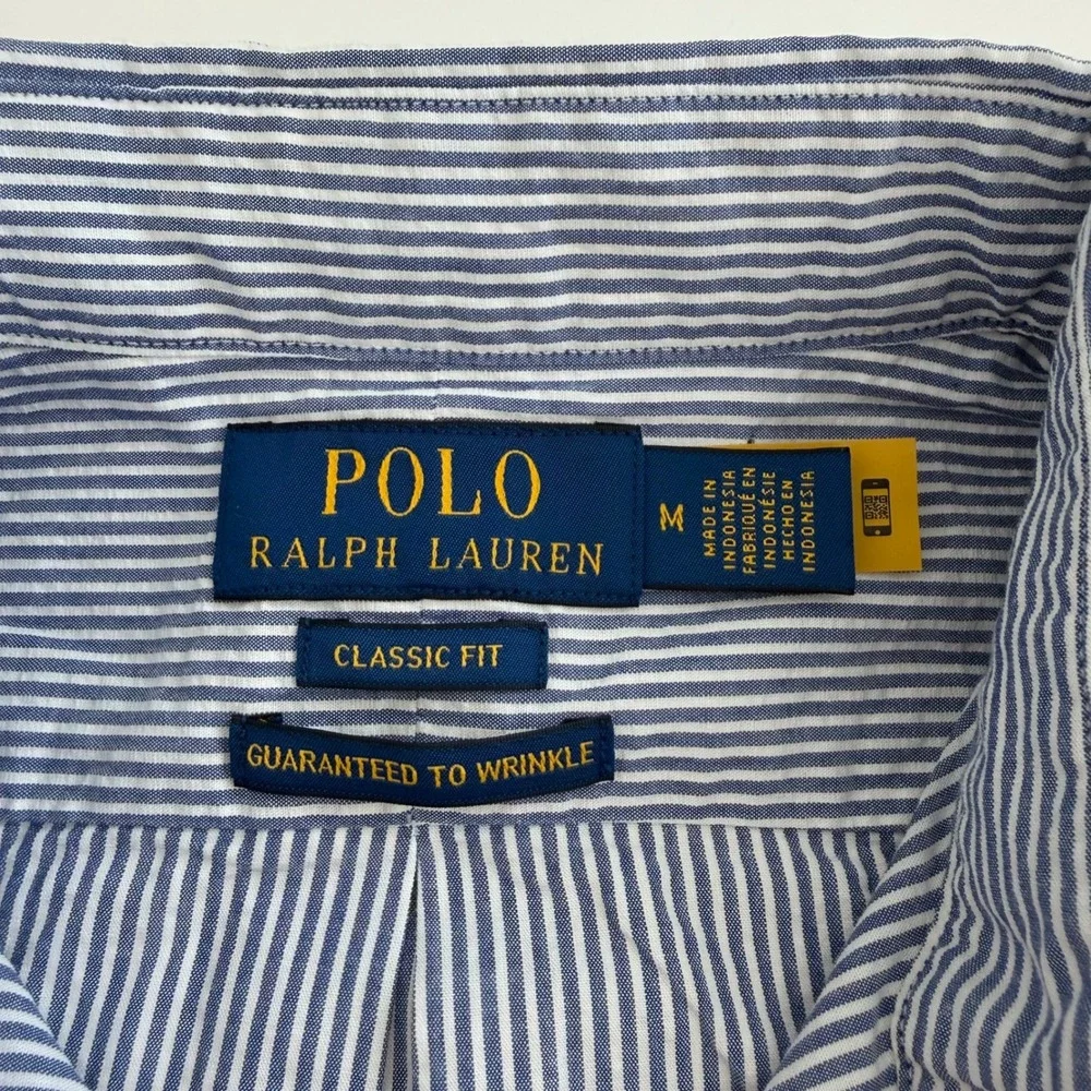 Polo Ralph Lauren Classic Fit Blue Seersucker Short Sleeve Button Men Medium NWT